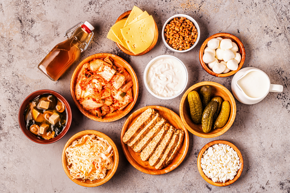 Fermented food, probiotics - kefir, kombucha, sauerkraut, pickles, miso soup, tempeh, natto, kimchi, yogurt, mozzarella and gouda cheeses, cottage cheese.