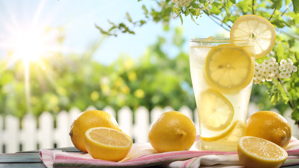 Citrus lemonade in garden setting, summer drink.
