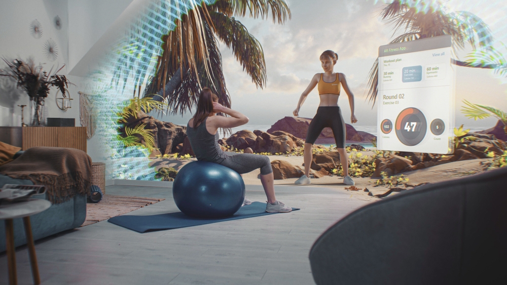 Athletic woman exercises with fitball. VR screen with displayed virtual trainer and interface of AR fitness app with workout plan. Metaverse futuristic home gym with AI technologies. VFX animation.